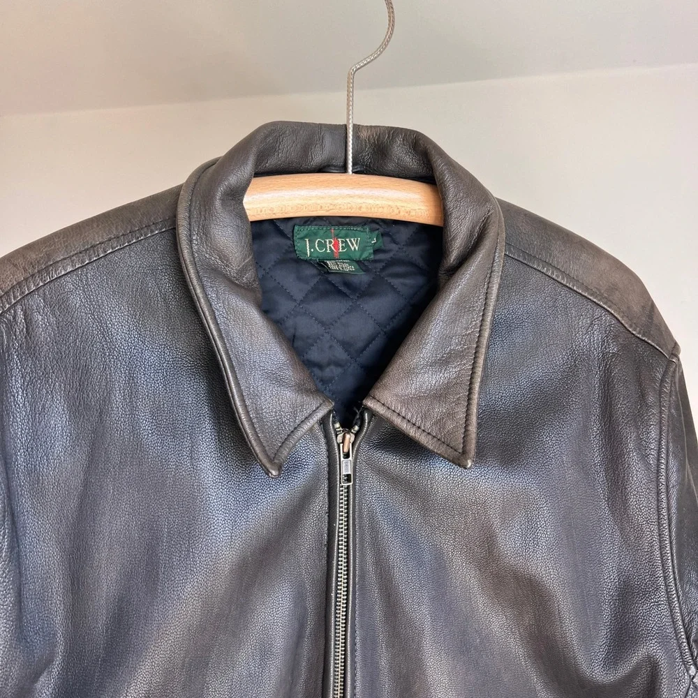 Vintage J. Crew Leather Jacket Size L Brown 90s Oarsman Full Zip Bomber Coat